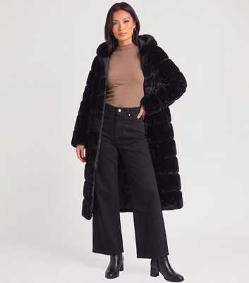 Gini London Black Faux Fur Panelled Hooded Longline Coat