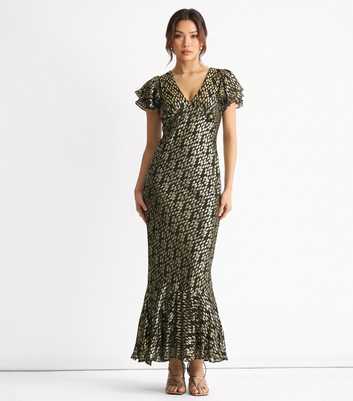 Gini London Dark Green V-Neck Ruffle Sleeve Bias Cut Maxi Dress