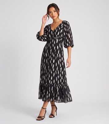 Gini London Black Feather Print Jacquard Balloon Sleeve Maxi Dress