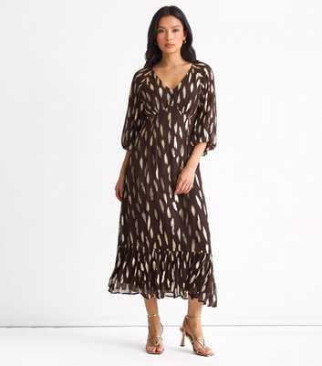 Gini London Dark Brown Feather Jacquard Balloon Sleeve Maxi Dress