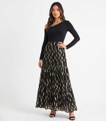 Gini London Black Jacquard Feather Print Tiered Maxi Skirt