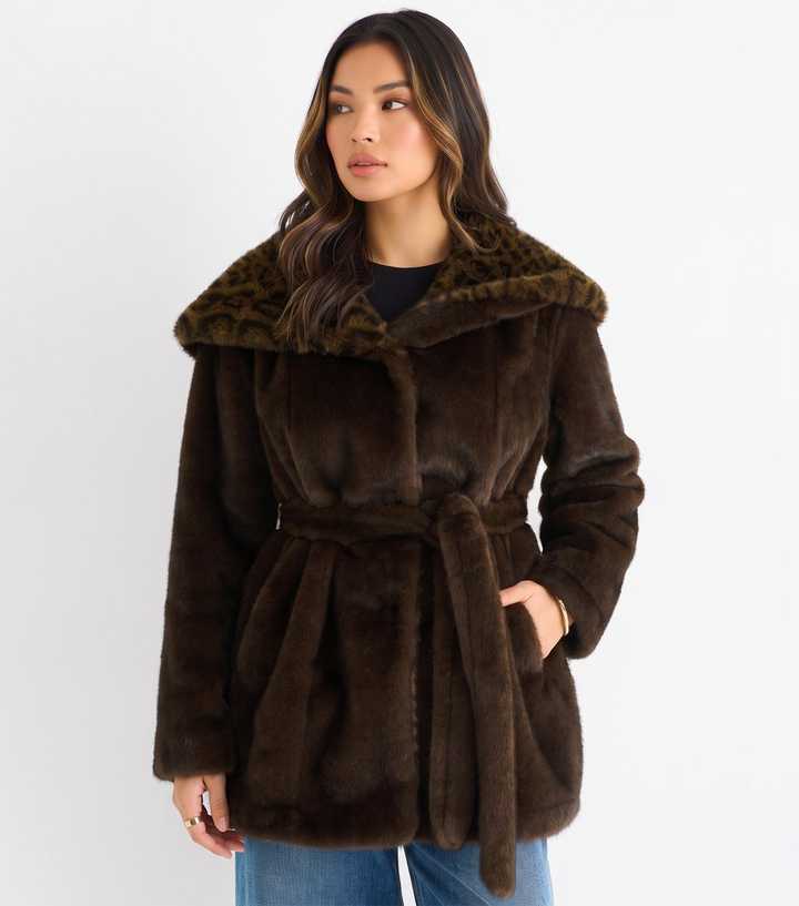 Gini London Dark Brown Faux Fur Hooded Jacket