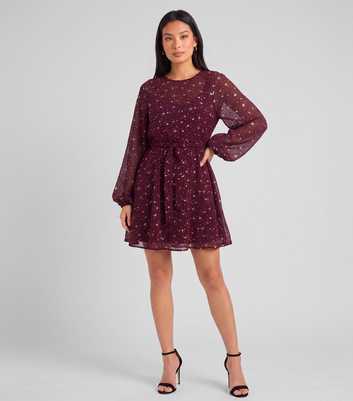Gini London Dark Burgundy Chiffon Star Print Long Sleeve Mini Dress