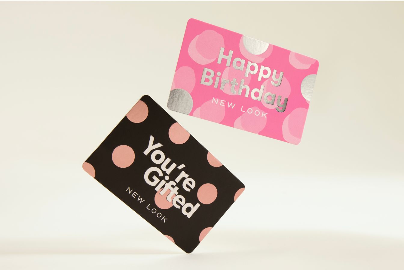 Pink Happy Birthday style gift card and You're Gifted black with pink polka dots design