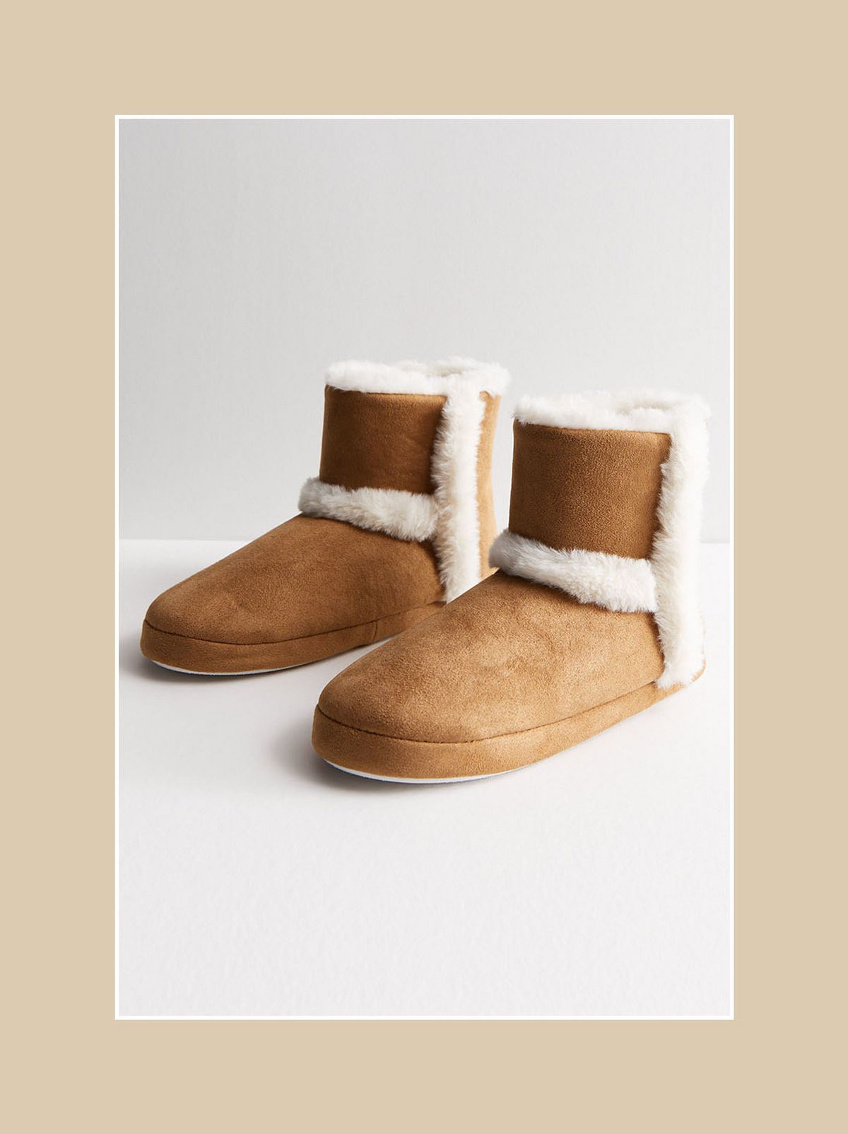 Tan Suedette Faux Fur Trim Slipper Boots