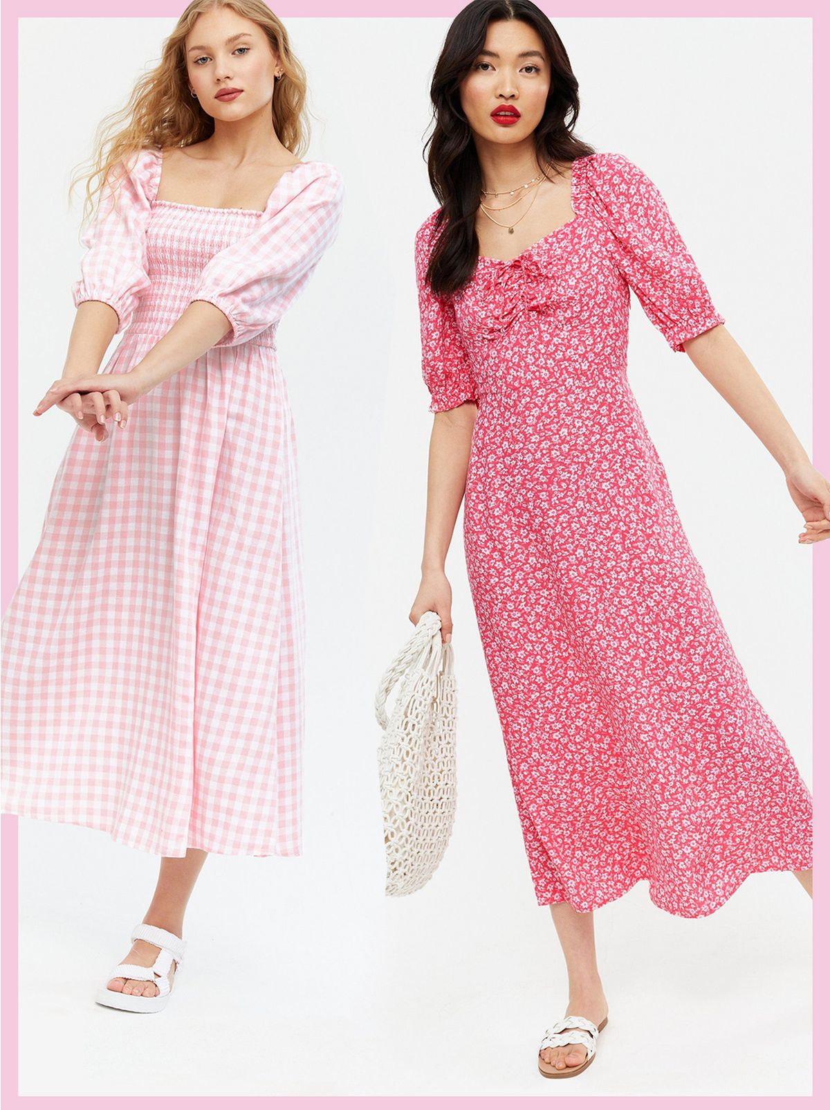 Woman Wearing a Pink Gingham Shirred Square Neck Midi Dress and White Sandals. Woman Wearing a Red Ditsy Floral Sweetheart Tie Front Midi Dress and White Sliders.