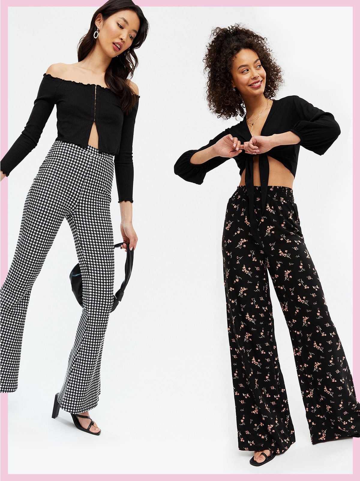 Woman Wearing a Black Gingham Seersucker Flared Trousers, Black Top and Heels. Woman Wearing a Tall Black Floral Wide Leg Trousers, Black Front Tie Top and Sandals.