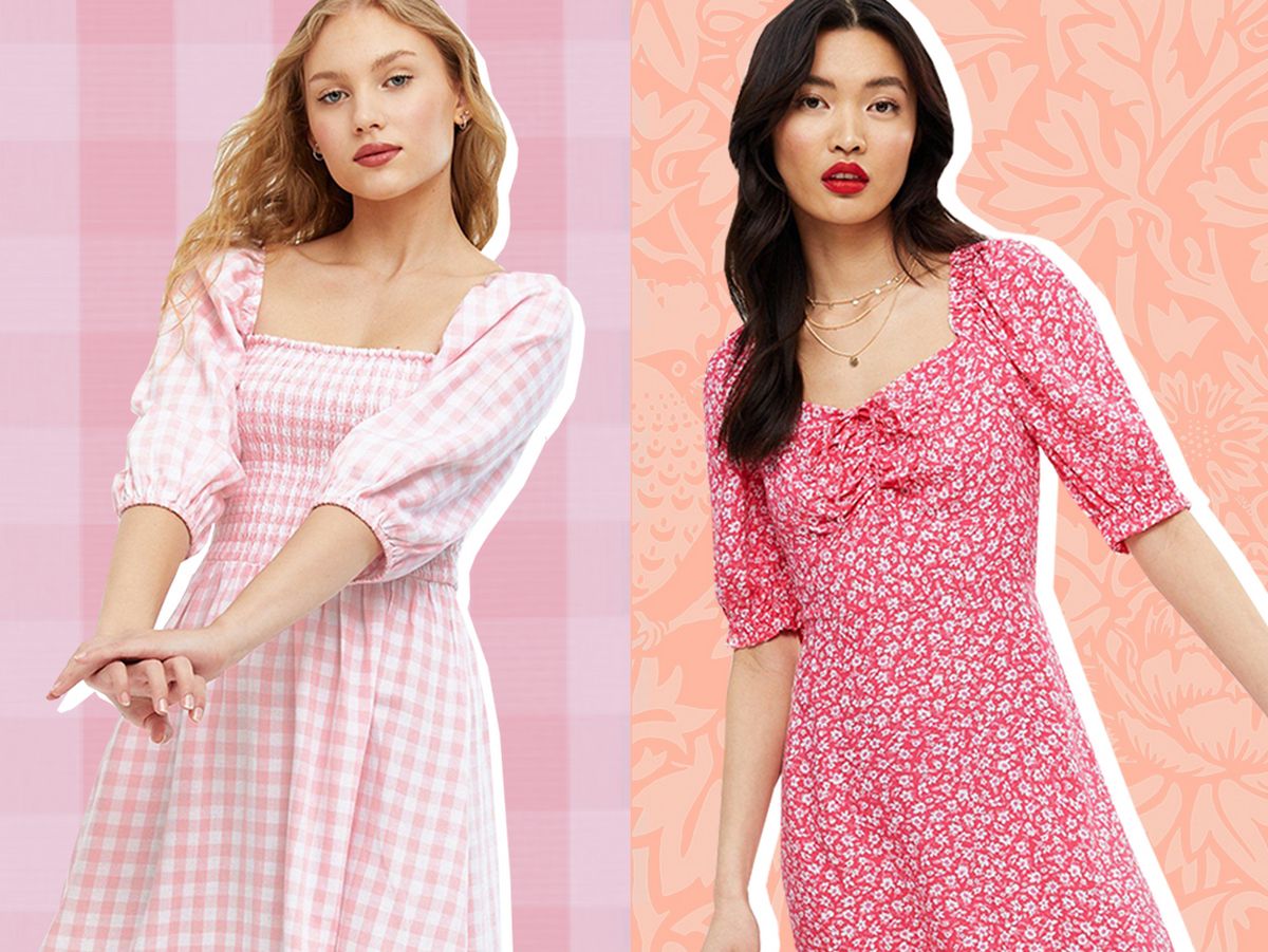 Women Wearing a Pink Gingham Midi Dress and Red Ditsy Floral Sweetheart Tie Front Midi Dress