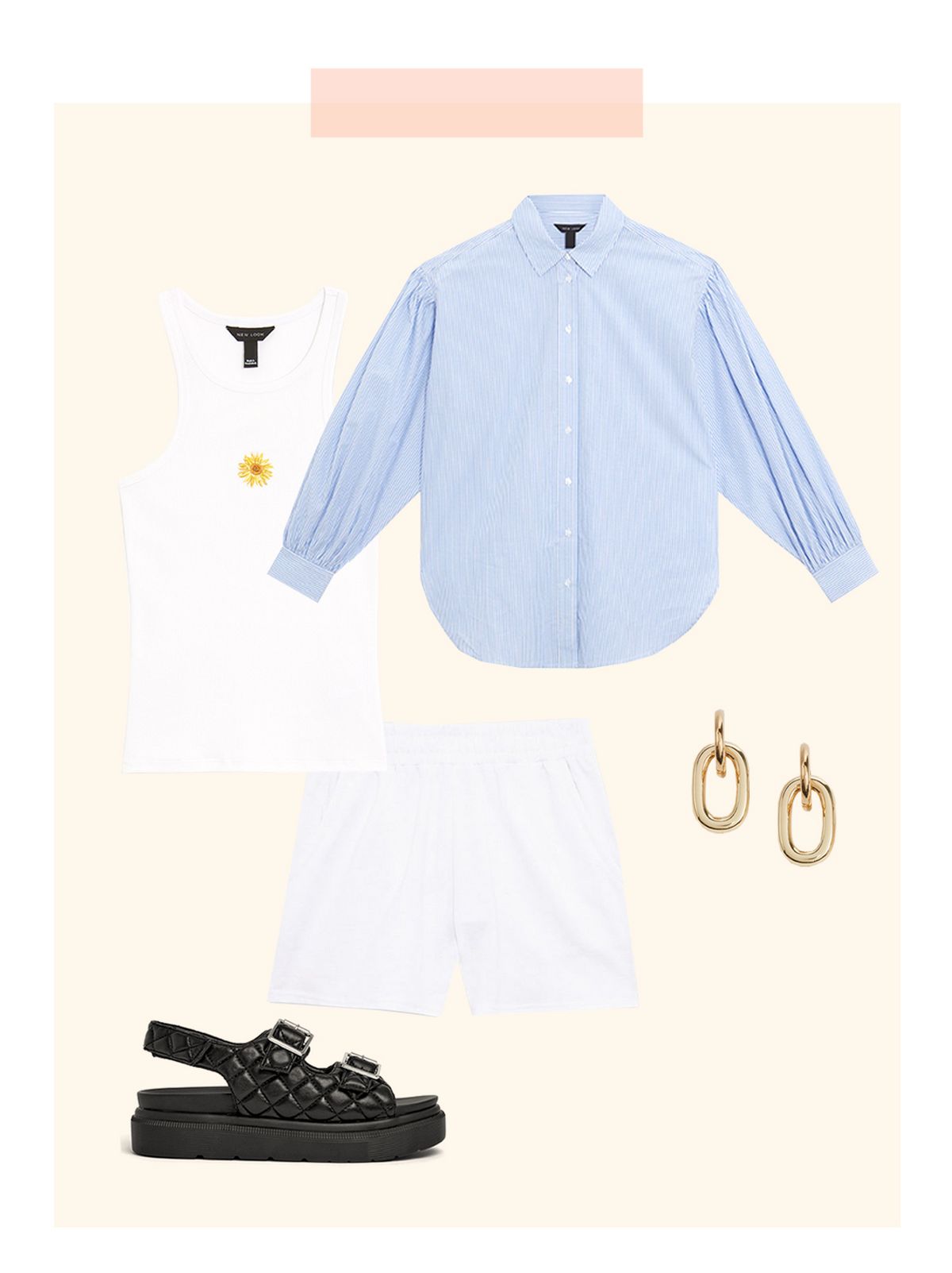 Women's blue stripe poplin puff sleeve shirt, white sunflower embroidered racerback vest, white jersey shorts, black quilted chunky footbed sandals and gold interlock oval hoop earrings