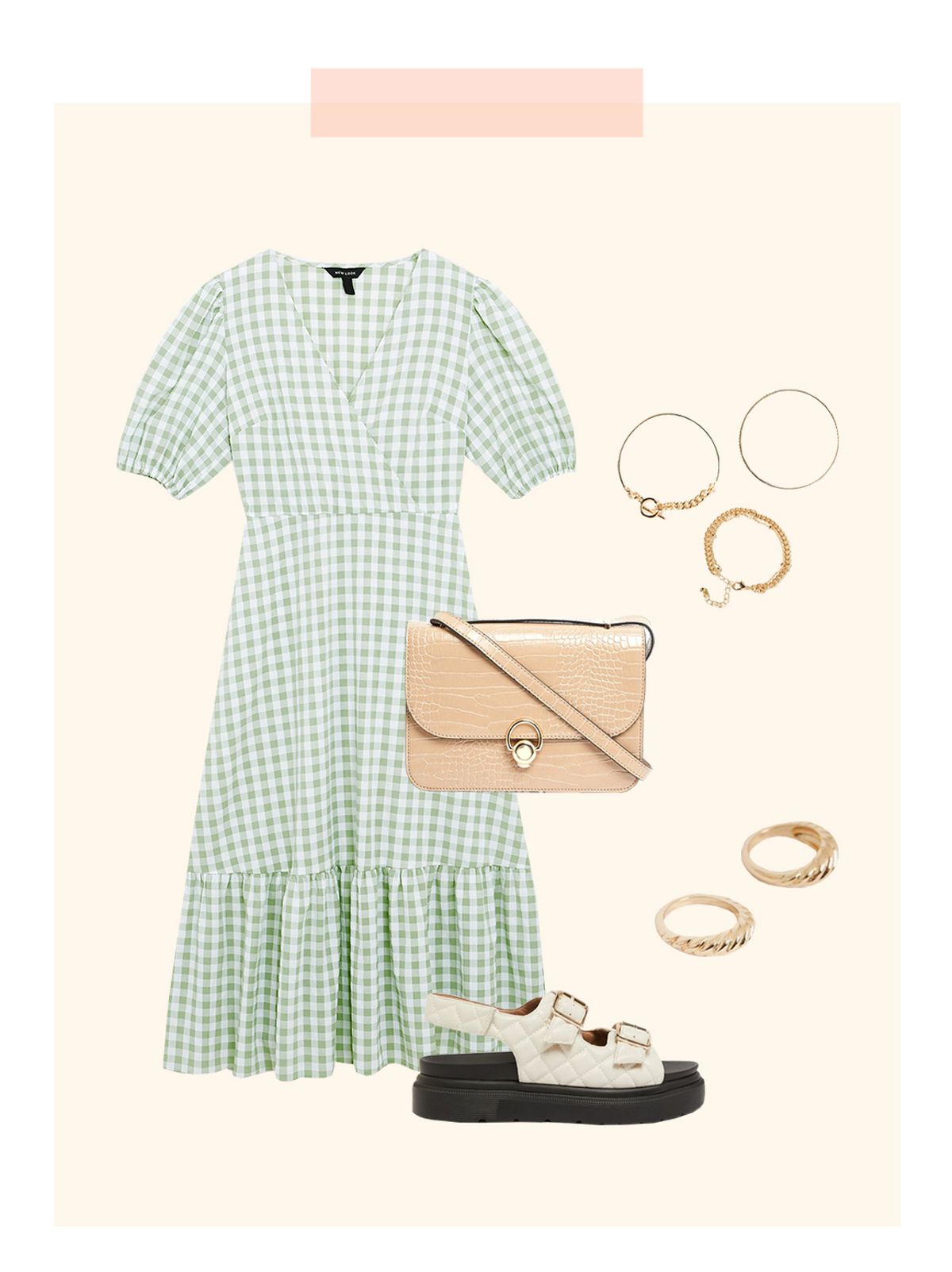 Women's, gold ribbed dome rings, gold t-bar chain bracelets, light green gingham midi dress, camel faux croc crossbody bag and off white quilted chunky footbed sandals