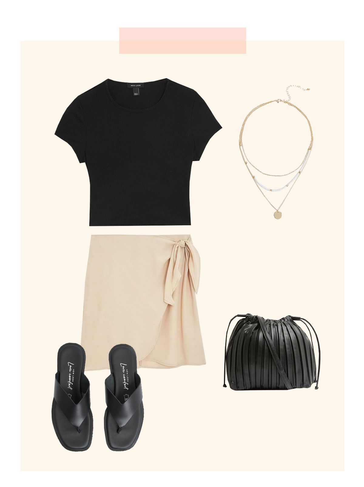 Women's gold beaded chain layered necklace, black lace up back crop t-shirt, stone wrap mini skirt, black leather flip flops and black pleated cross body bag