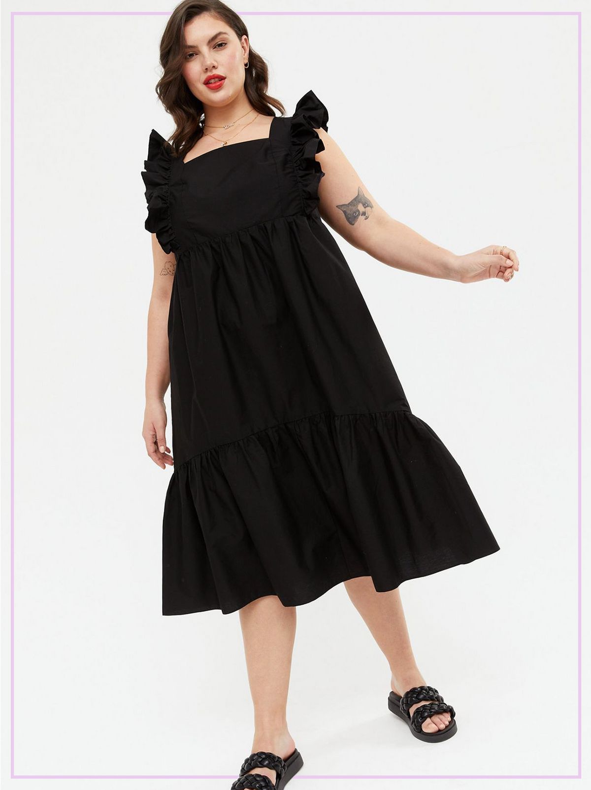 Woman Wearing a Black Square Neck Frill Tiered Smock Midi Dress and Black Sandals