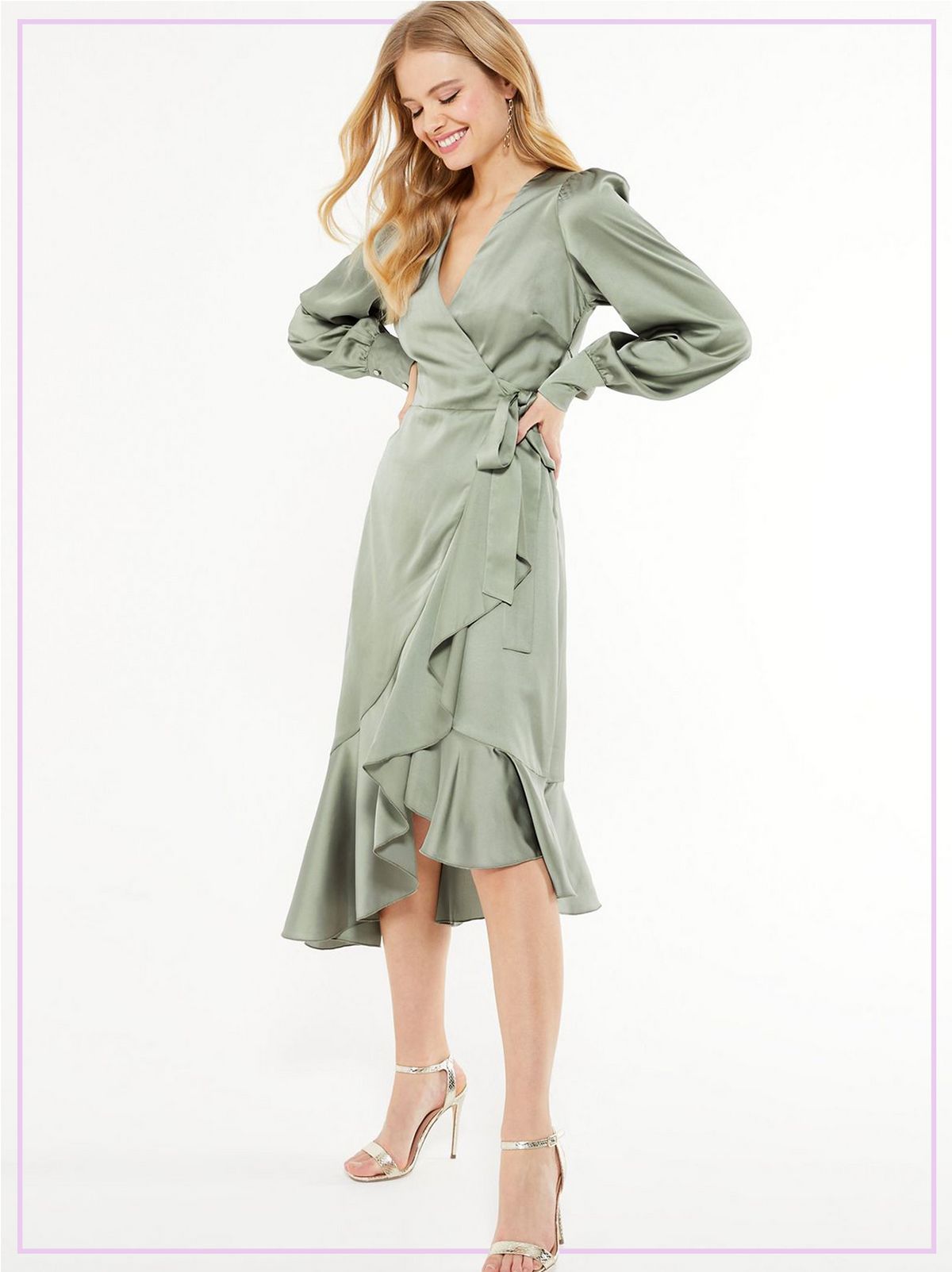 Woman Wearing a Khaki Satin Long Sleeve Wrap Dress and Silver Heels