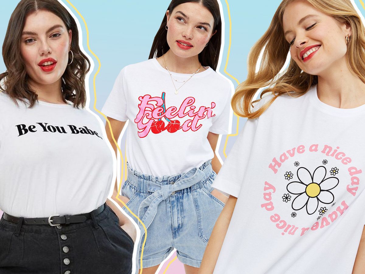 Women wearing graphic and logo t-shirts