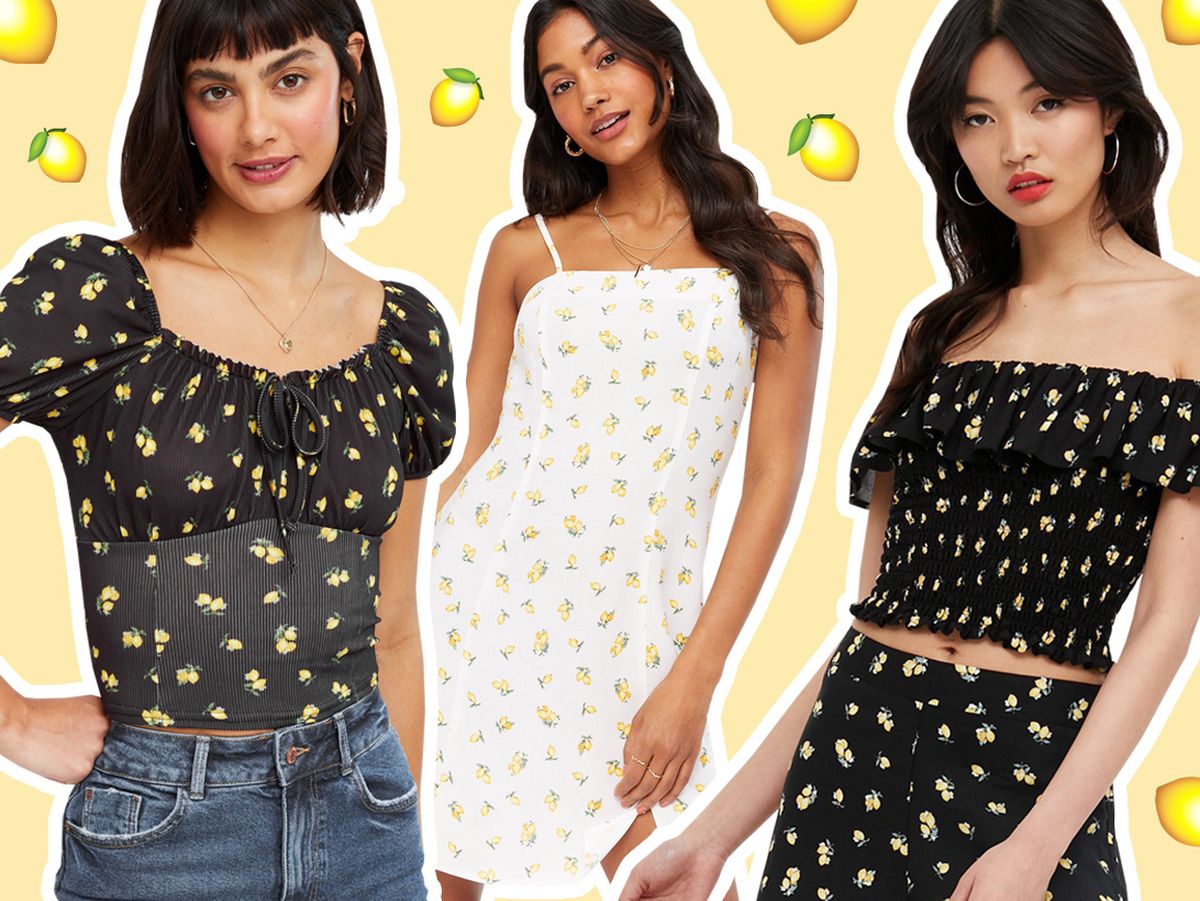 Women wearing a lemon print top, mini dress, blouse and shorts