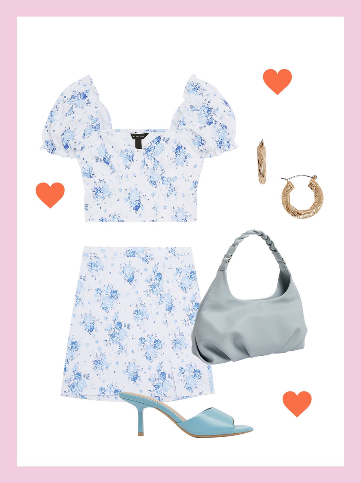 Women's blue leather look plaited shoulder bag  Women's gold chunky plait hoop earrings  Women's white floral bustier crop top  Women's white floral side split mini skirt  Women's pale blue leather look square toe kitten heel mules
