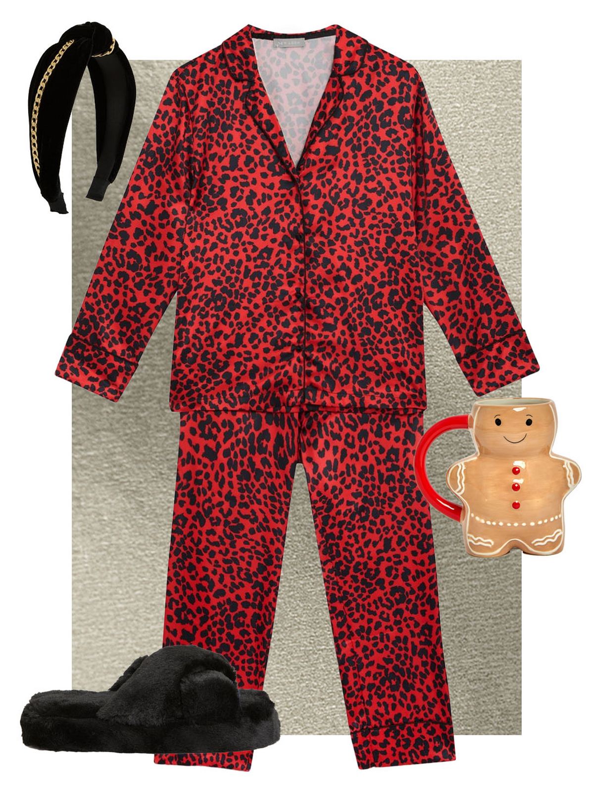 Red leopard print shirt and trouser pyjama set  Black velvet chain knot headband  Black faux fur slider slippers  Brown gingerbread mug
