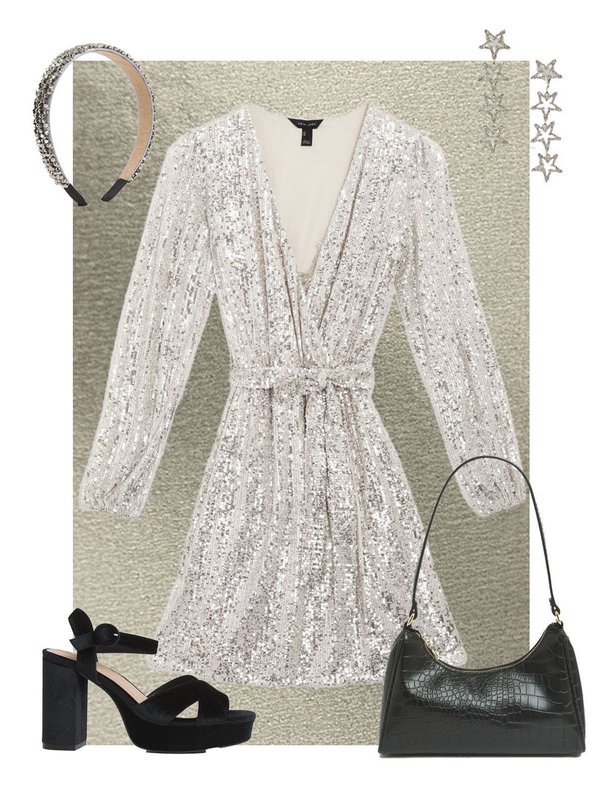 Silver sequin long sleeve mini wrap dress  Silver diamante star drop earrings  Black strappy heels  Grey beaded headband  Black faux croc shoulder bag
