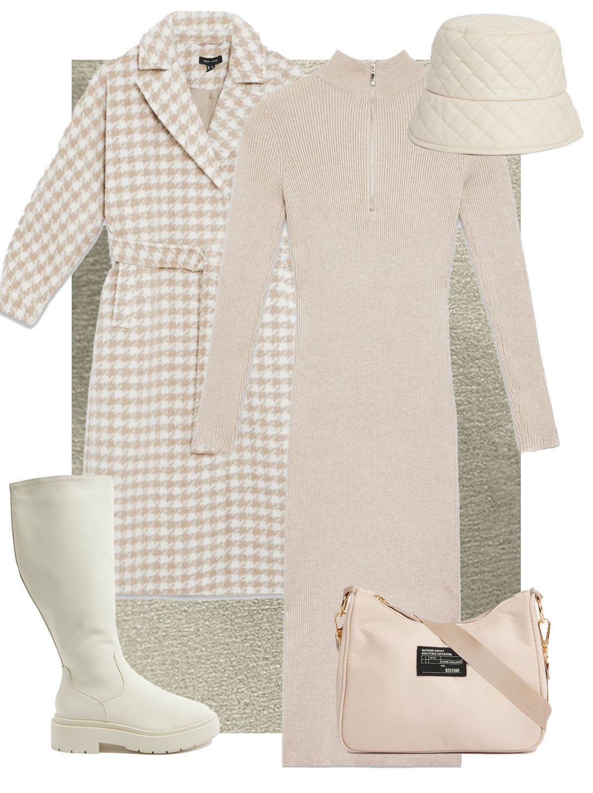 Cream ribbed knit zip high neck midi dress  Cream dogtooth belted long coat  Off white scuba knee high chunky boots  Pale pink tab front shoulder bag  Cream quilted leather look bucket hat