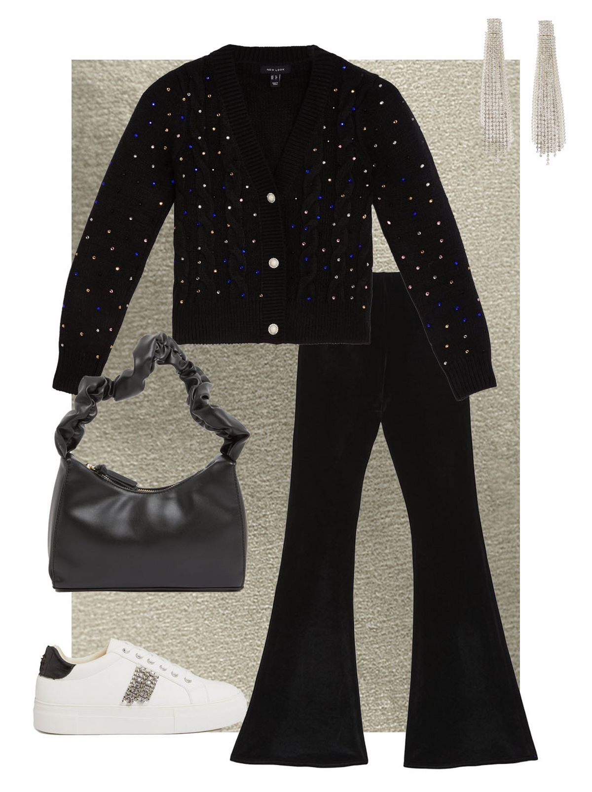 Black cable knit embellished cardigan  Silver diamante tassel drop earrings  Black velvet flared trousers  Little mistress white chain trim chunky trainers  Only black leather look ruched shoulder bag