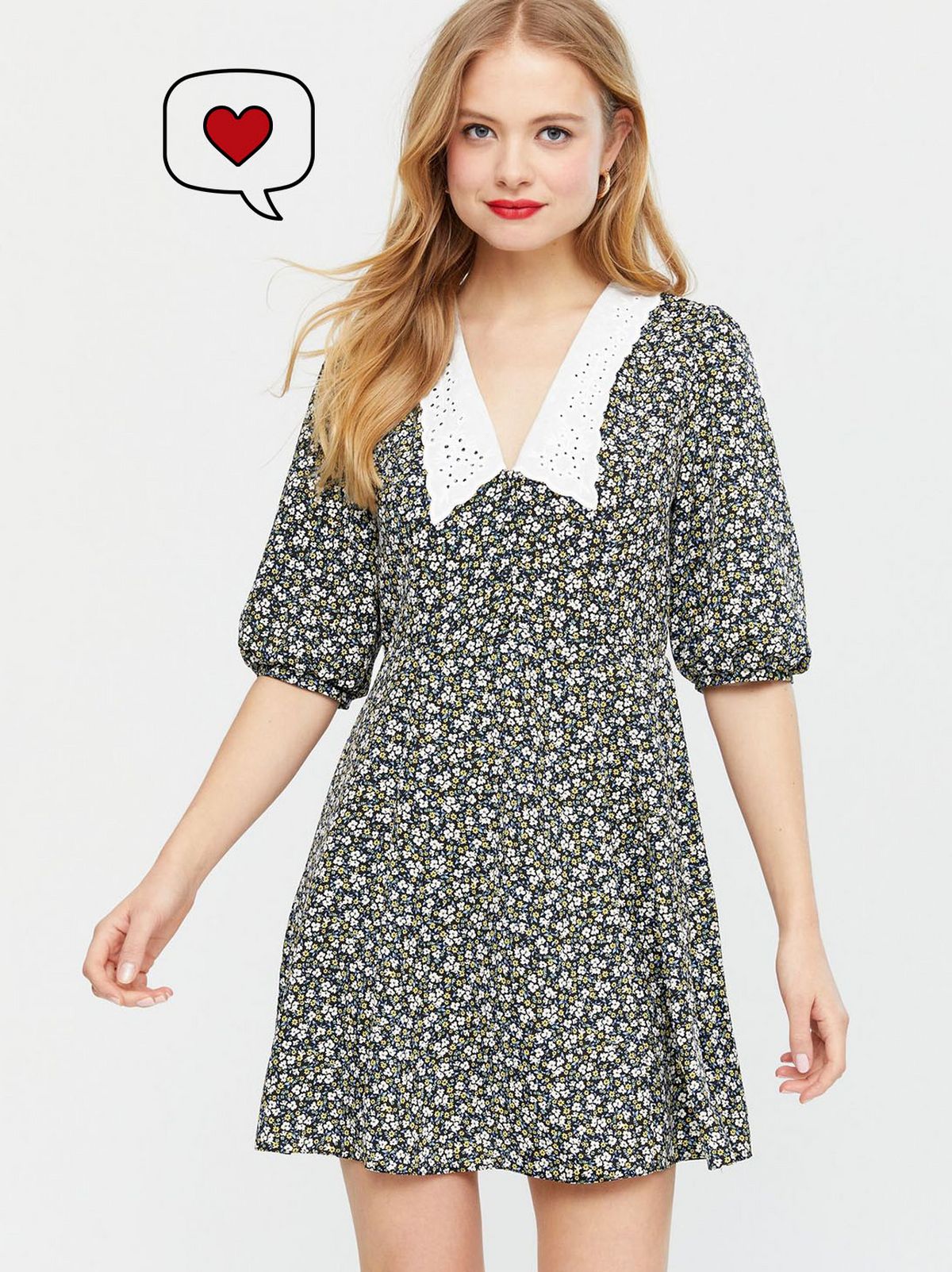 black ditsy floral broderie collar mini dress