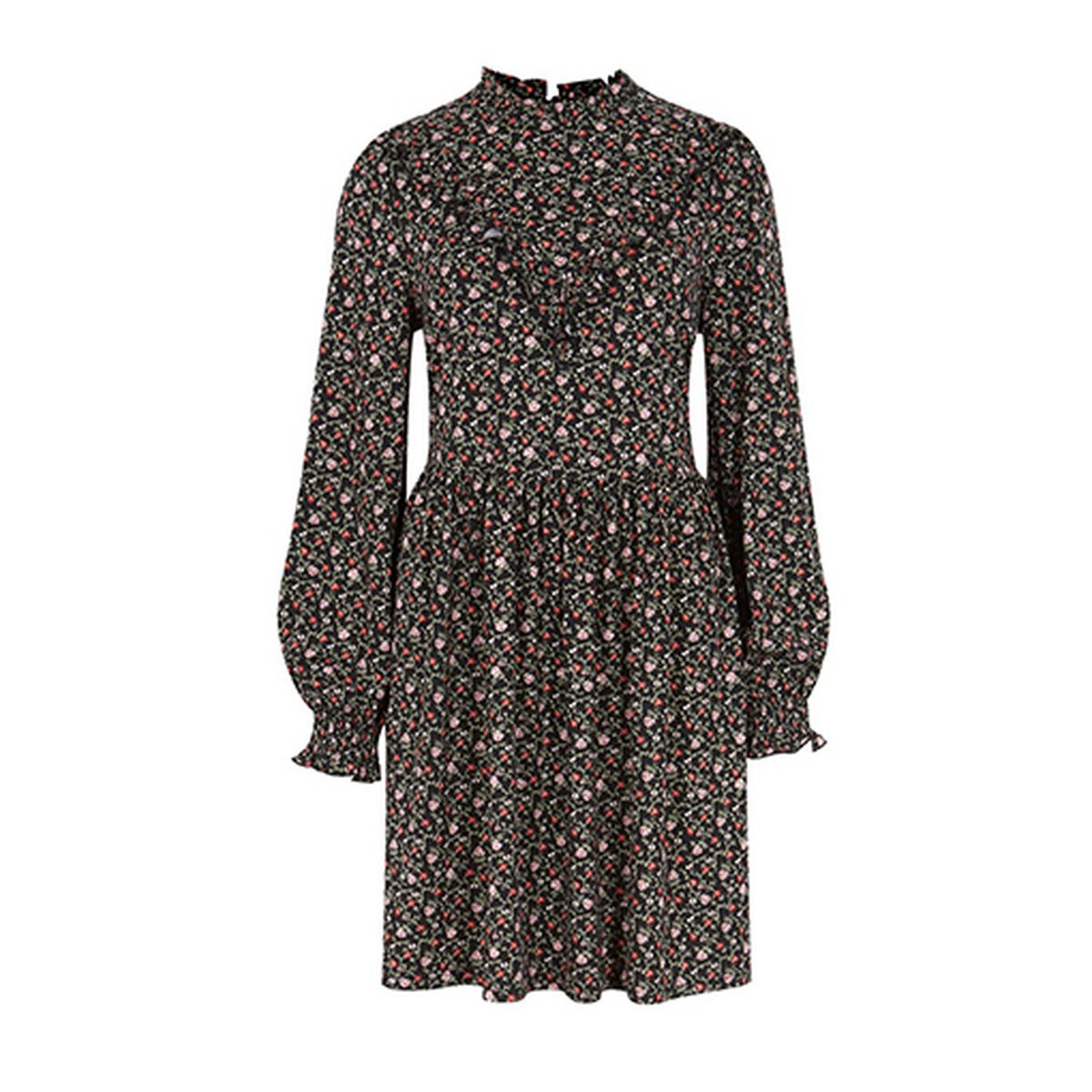 Black Floral Frill High Neck Smock Dress