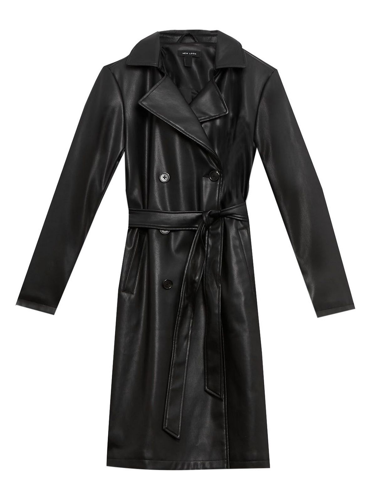 black leather-look belted trench coat