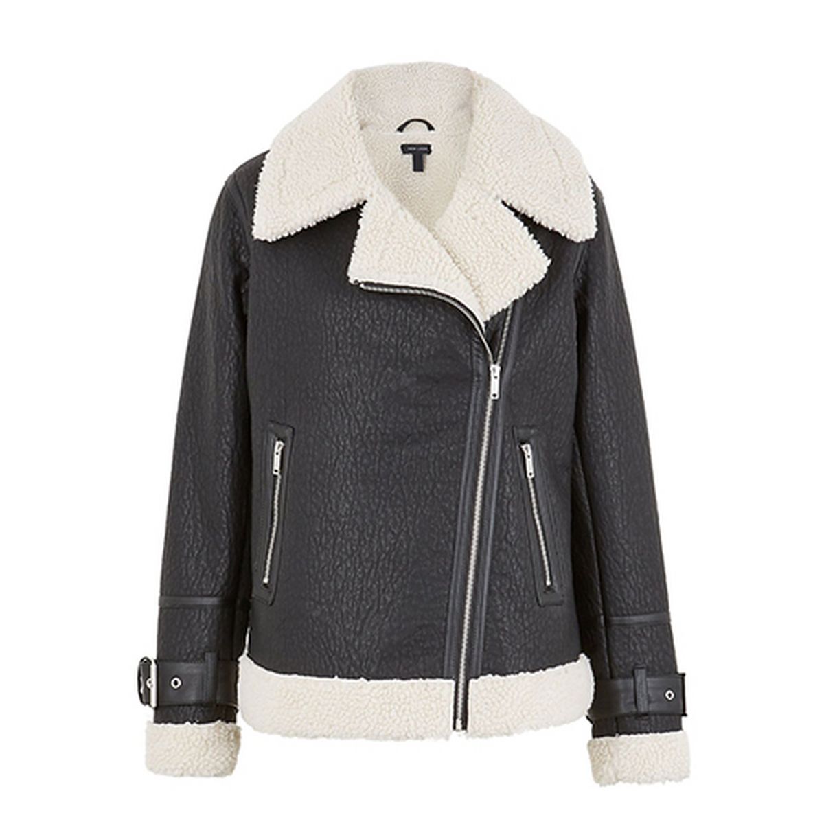 Black Leather-Look Teddy Lined Aviator Jacket