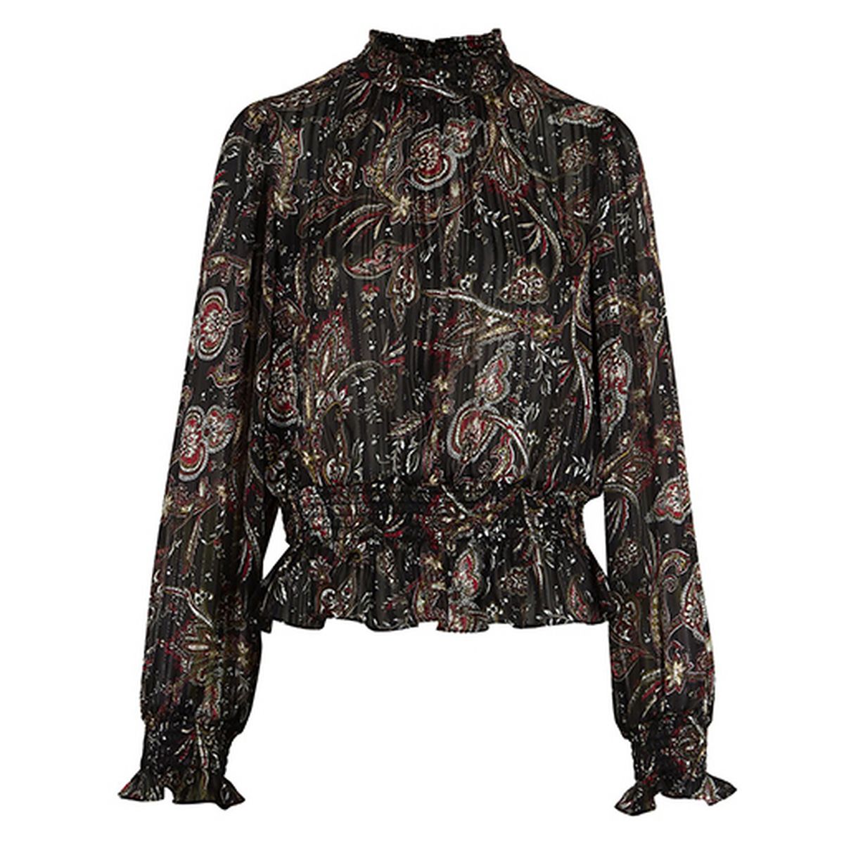 Black Paisley Metallic Stripe Shirred Blouse
