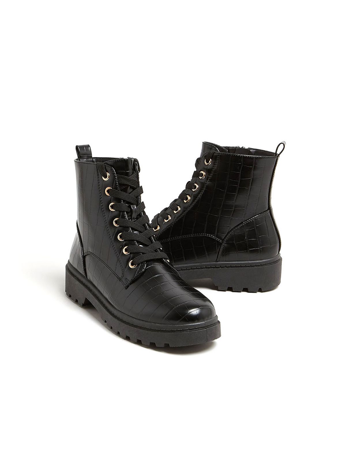 black patent faux croc lace up chunky biker boots
