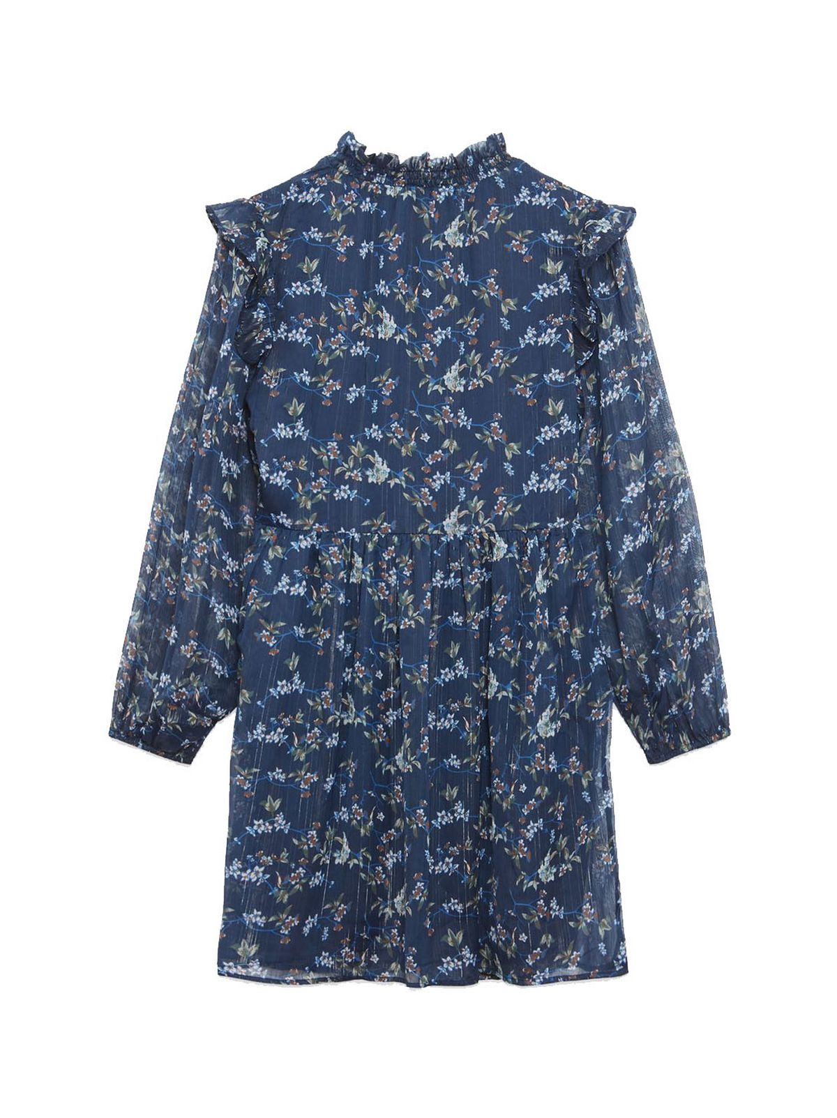 blue floral metallic frill chiffon mini dress