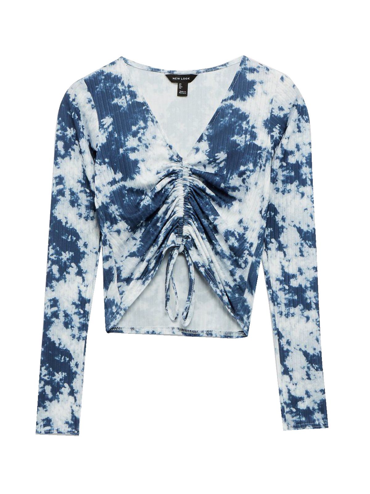 Blue Tie Dye Ribbed Ruched Front Top
