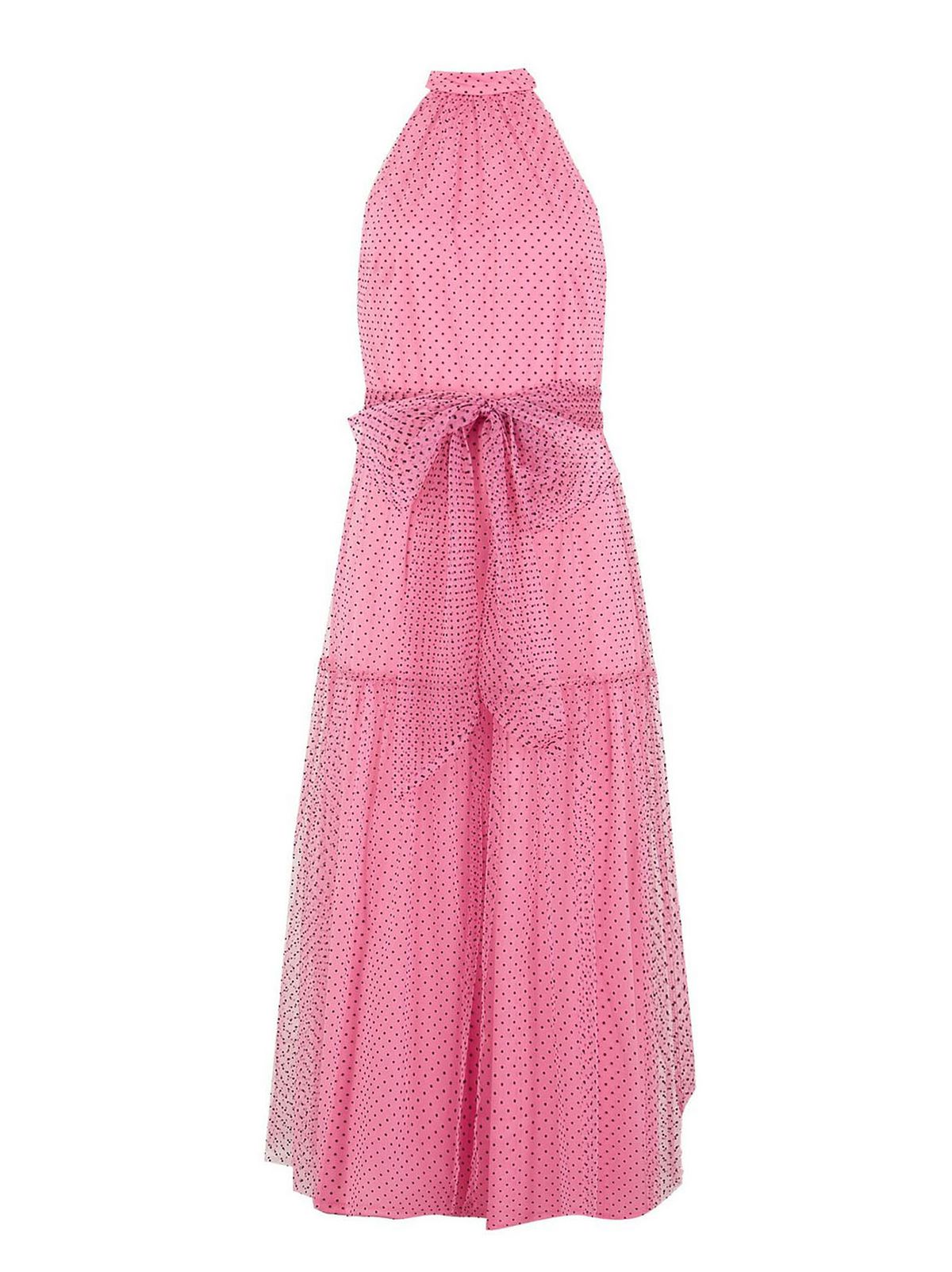 bright pink spot mesh halter midi dress
