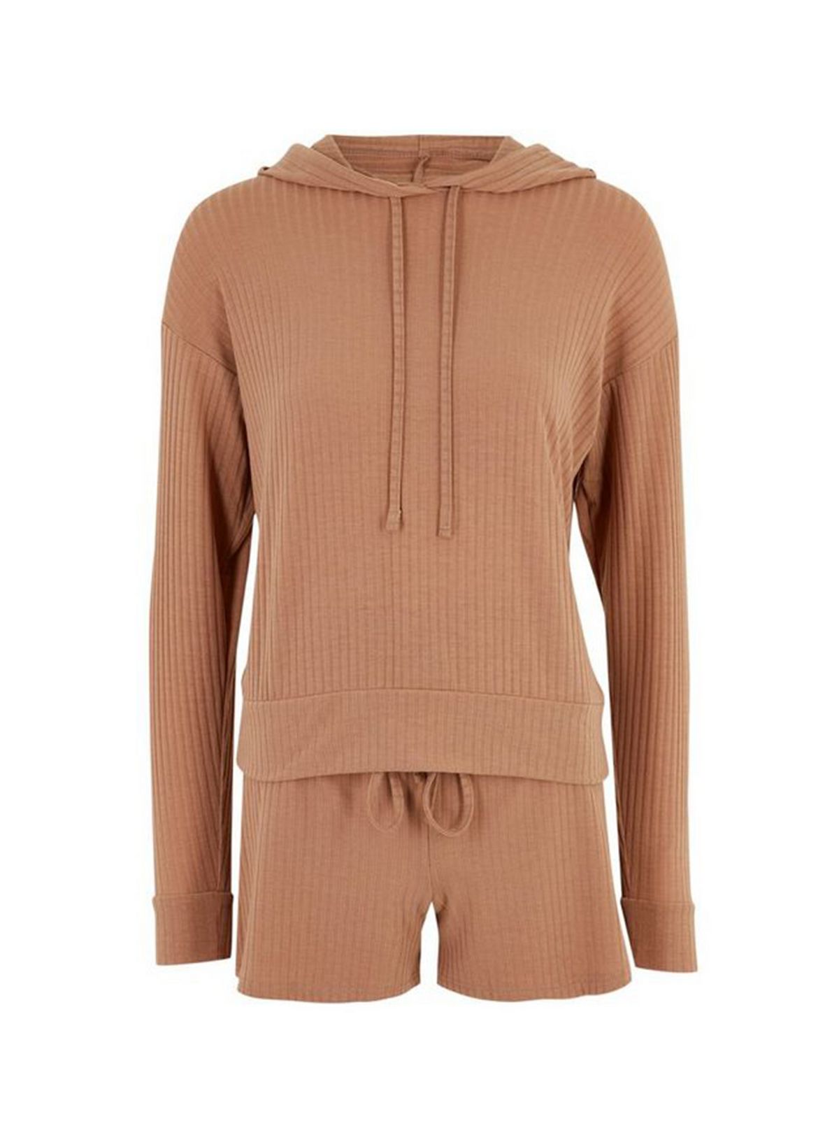 Camel Ribbed Hoodie and Shorts Set