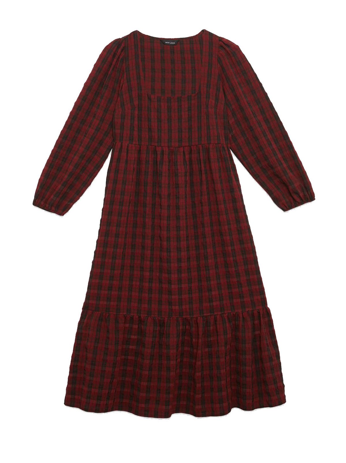 dark red check square neck smock midi dress