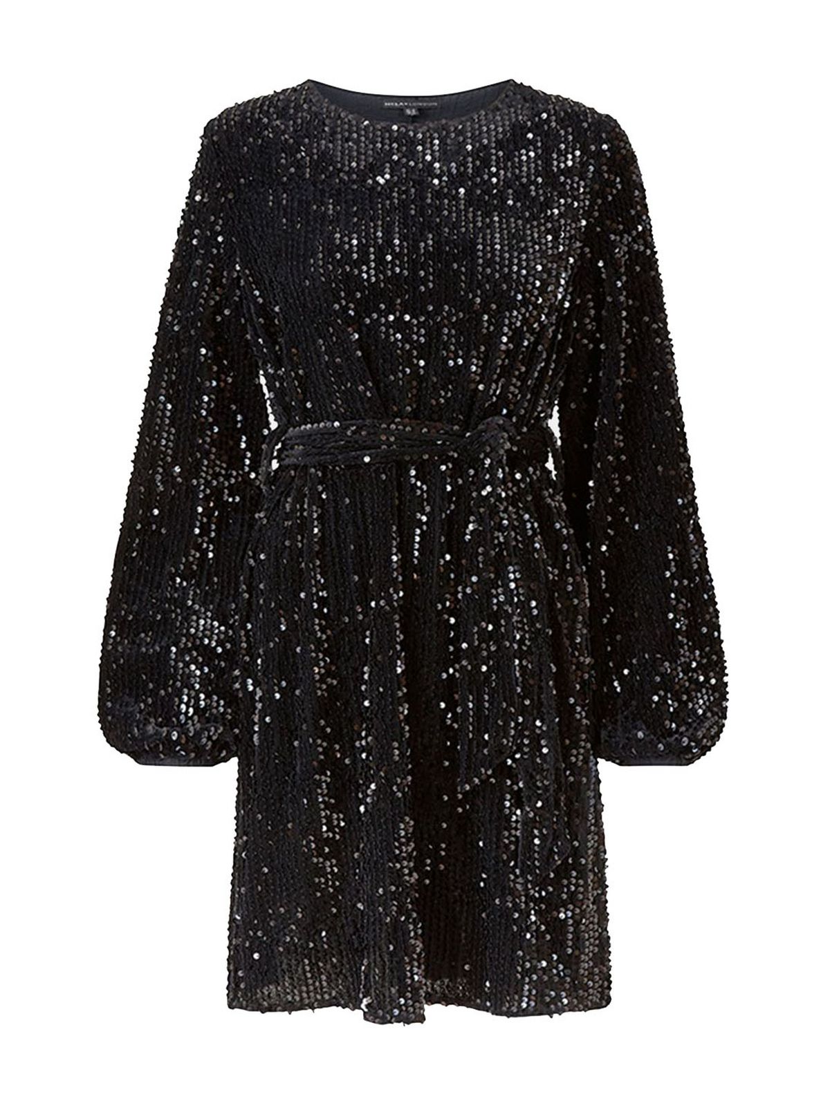 mela curves black sequin puff sleeve belted dress