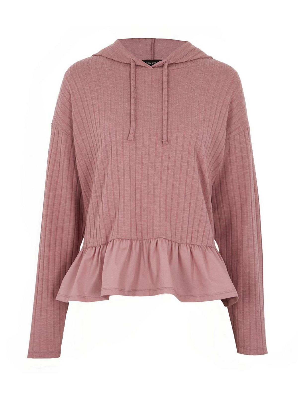 Mid Pink Ribbed Knit Frill Trim Hoodie