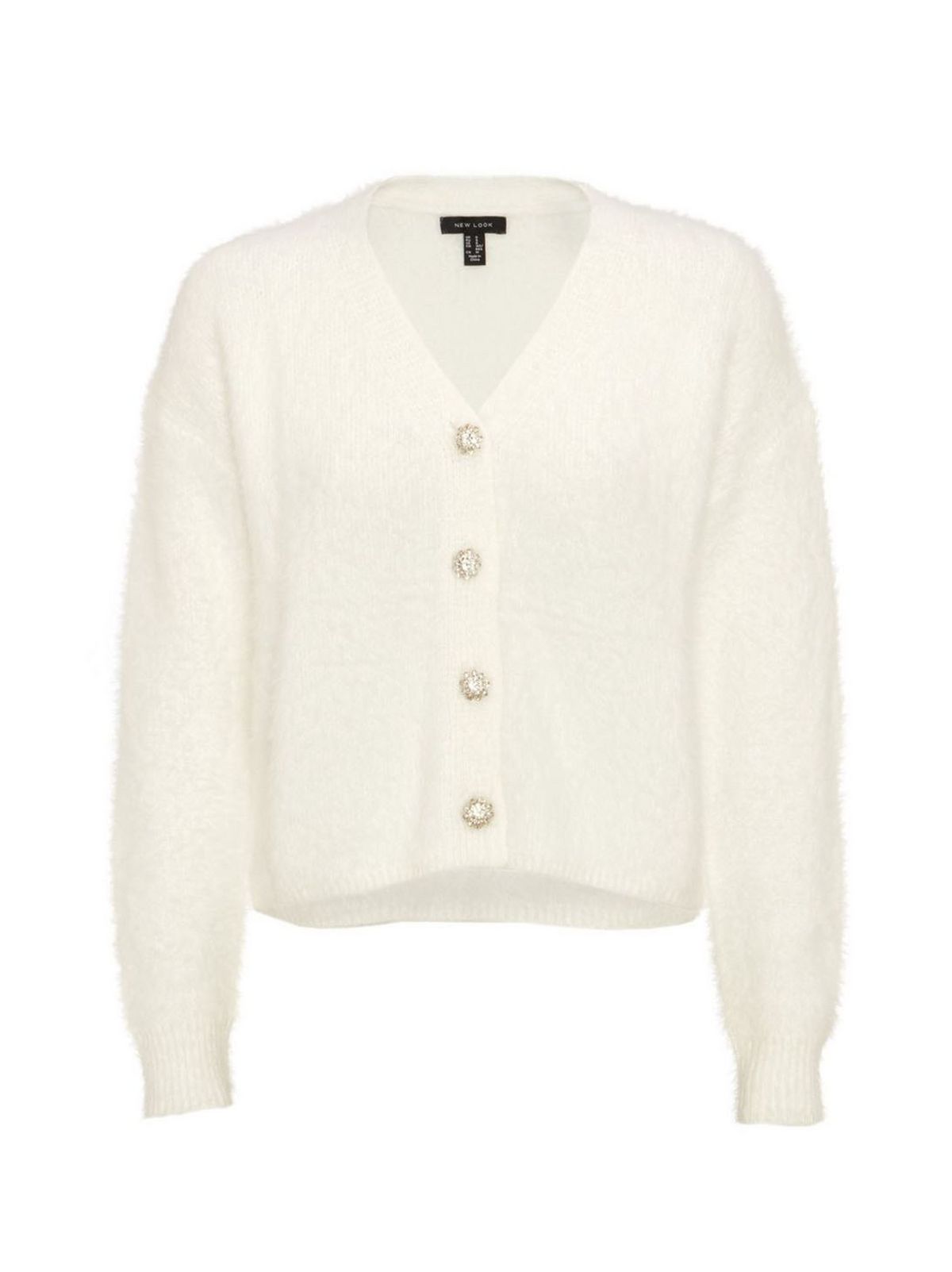Off White Fluffy Knit Gem Button Boxy Cardigan