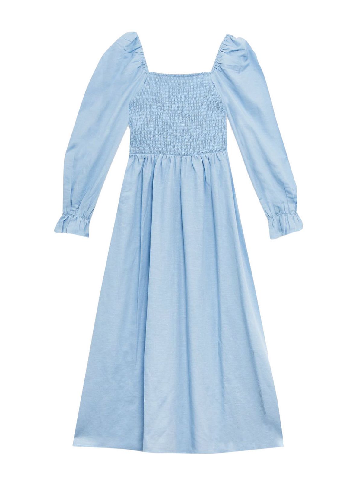 pale blue shirred puff sleeve midi dress