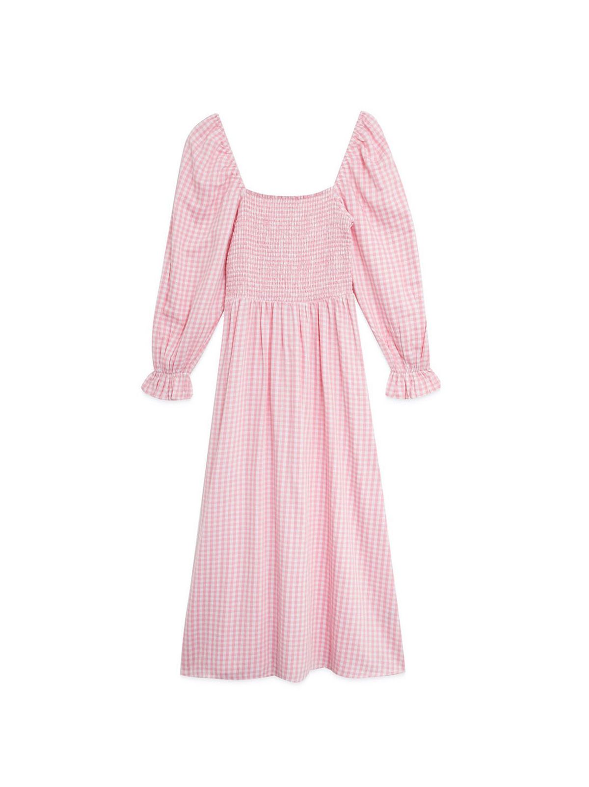 pink gingham textured shirred smock midi dress