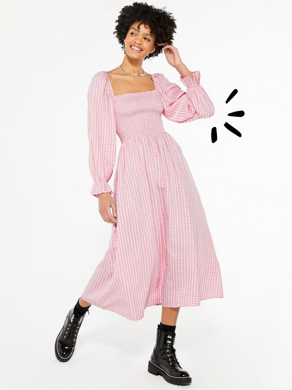 pink gingham textured shirred smock midi dress