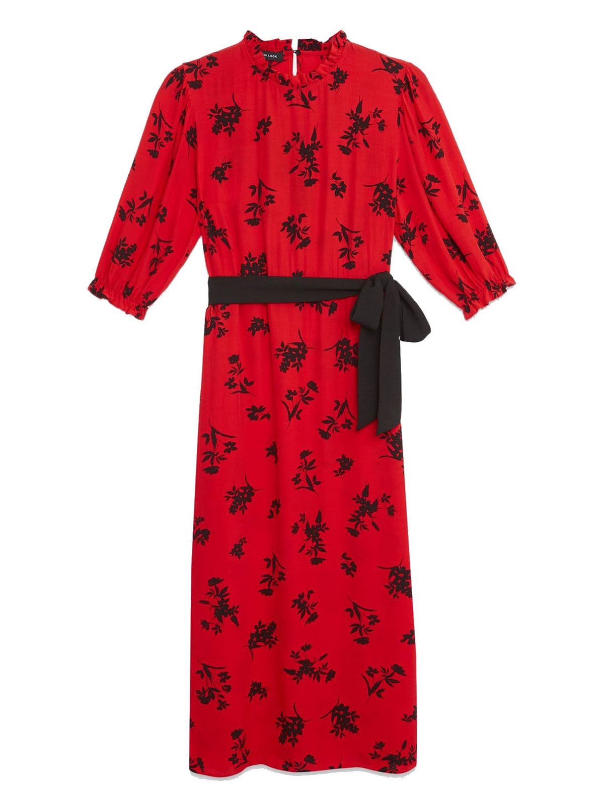 red floral belted midi dress