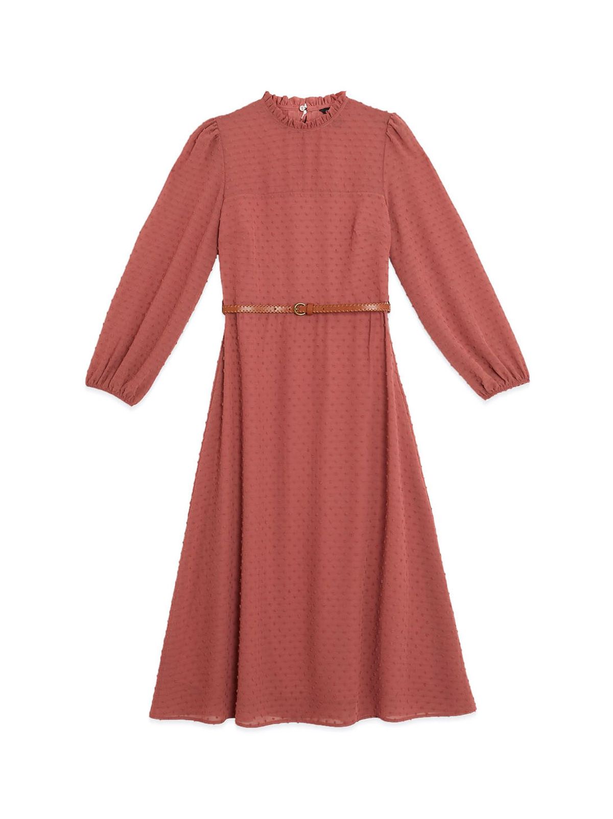 rust textured spot chiffon high neck belted midi dress