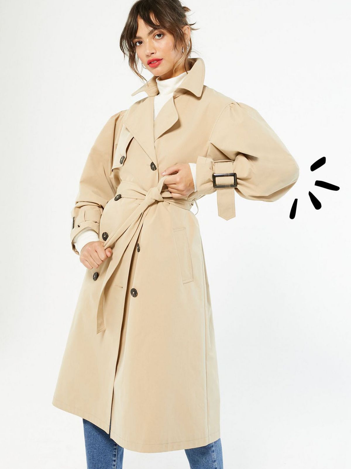 stone puff sleeve belted trench coat